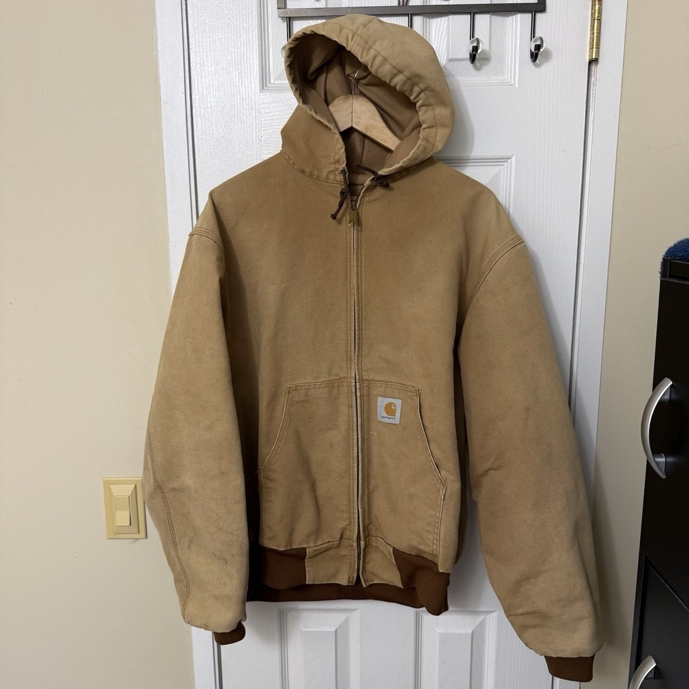 Carhartt Men's Brown Thermal Insulated Duck Canvas Hooded Bomber Jacket Coat